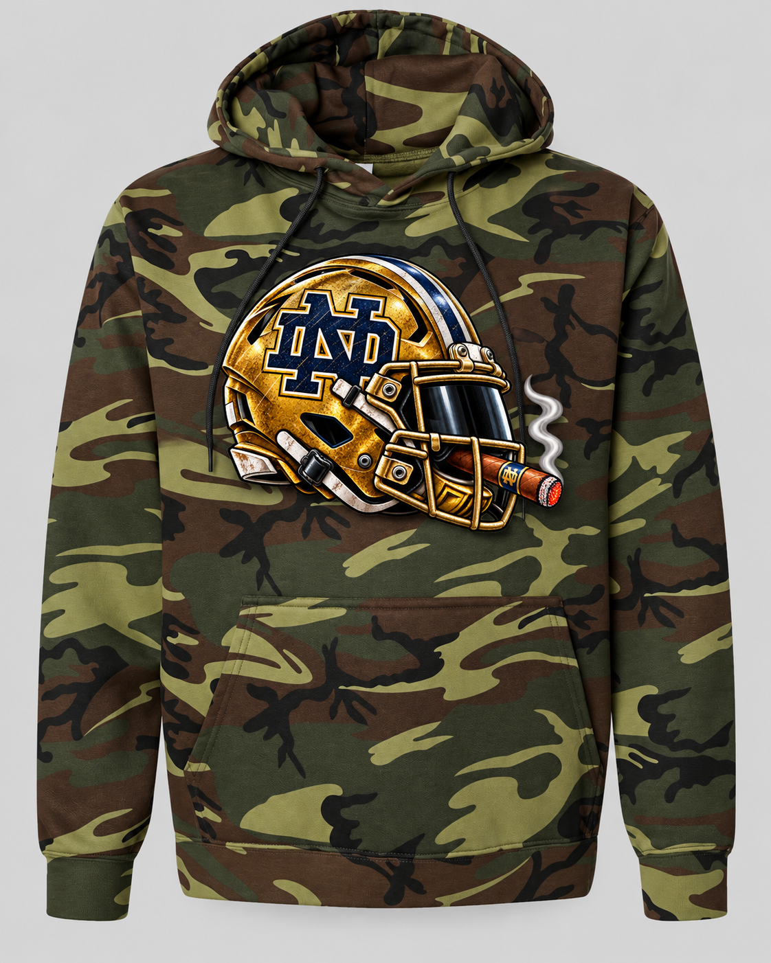 League of Smoke Notre Dame camo hoodie mockup