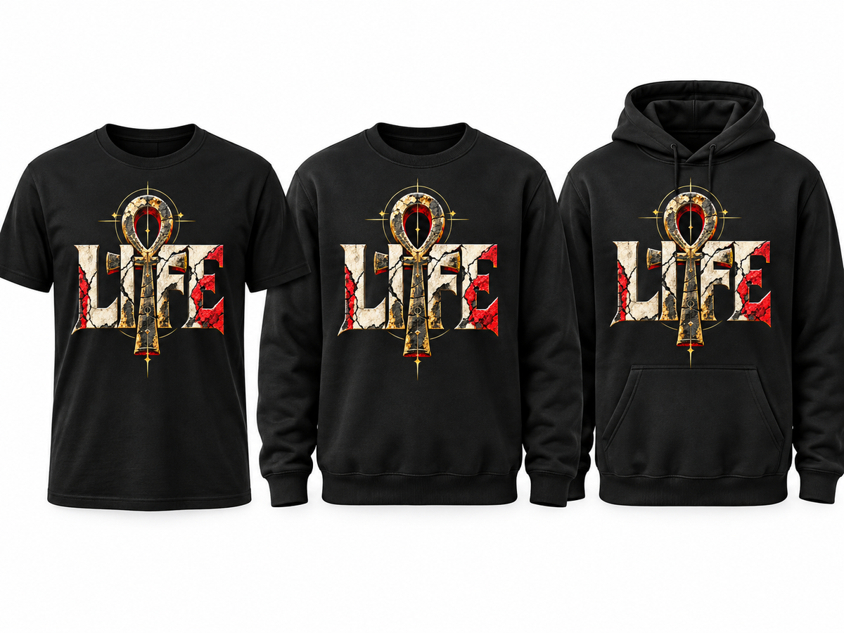 LIFE black tee crewneck and hoodie mockup