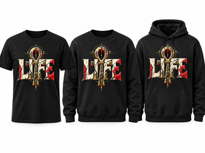 LIFE black tee crewneck and hoodie mockup