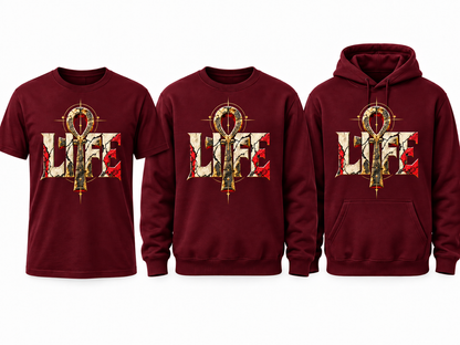 LIFE burgundy tee crewneck and hoodie mockup