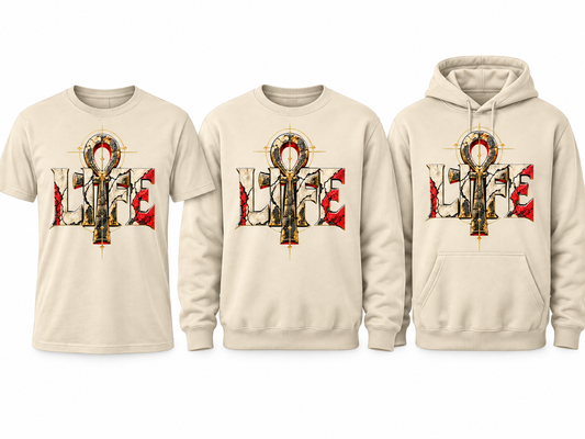 LIFE cream tee crewneck and hoodie mockup