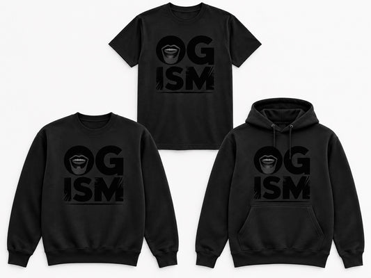 OGism black tee crewneck and hoodie mockup