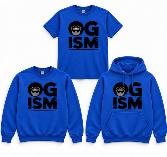 OGism blue tee crewneck and hoodie mockup