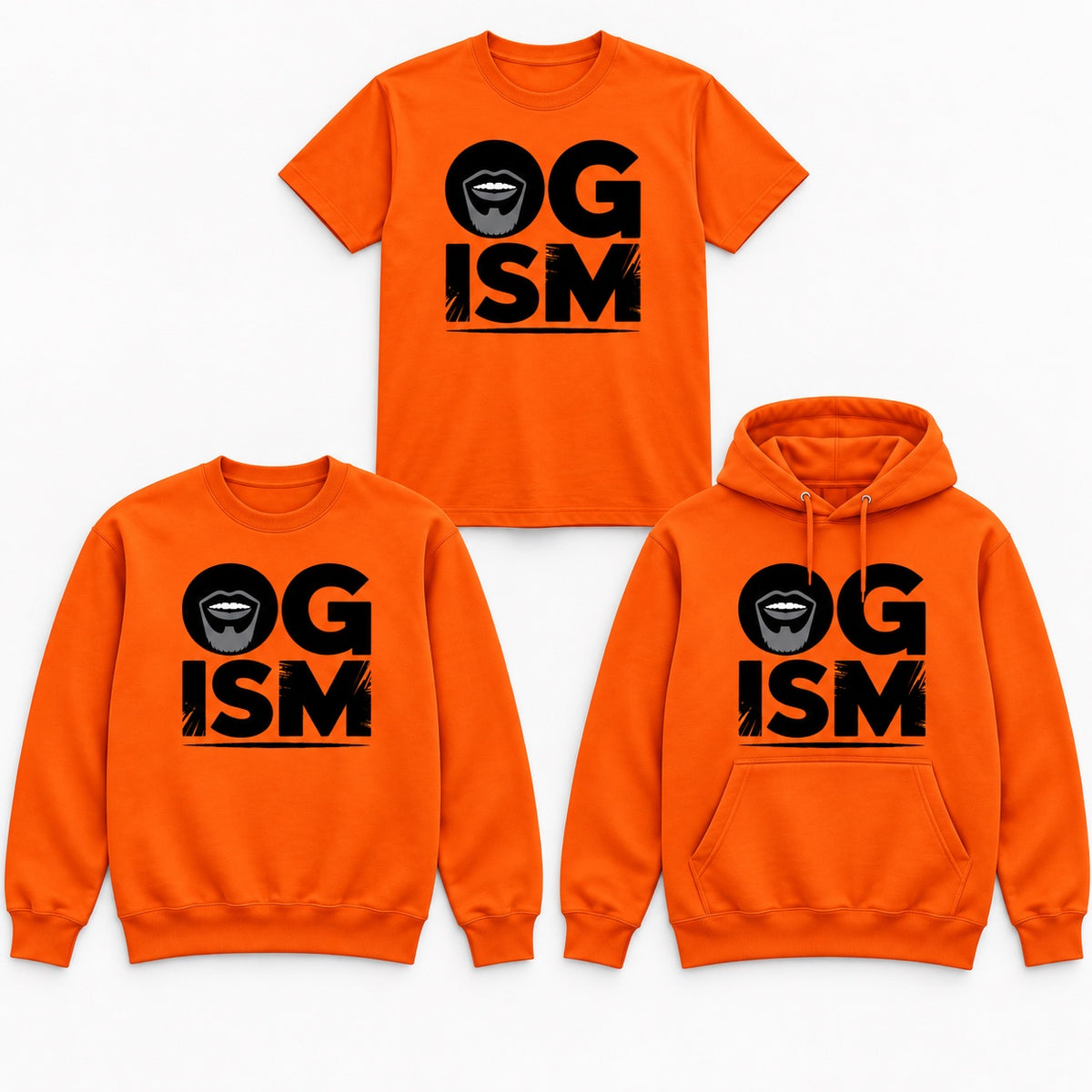 OGism orange tee crewneck and hoodie mockup