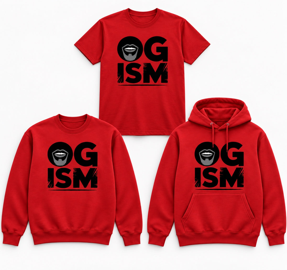 OGism red tee crewneck and hoodie mockup