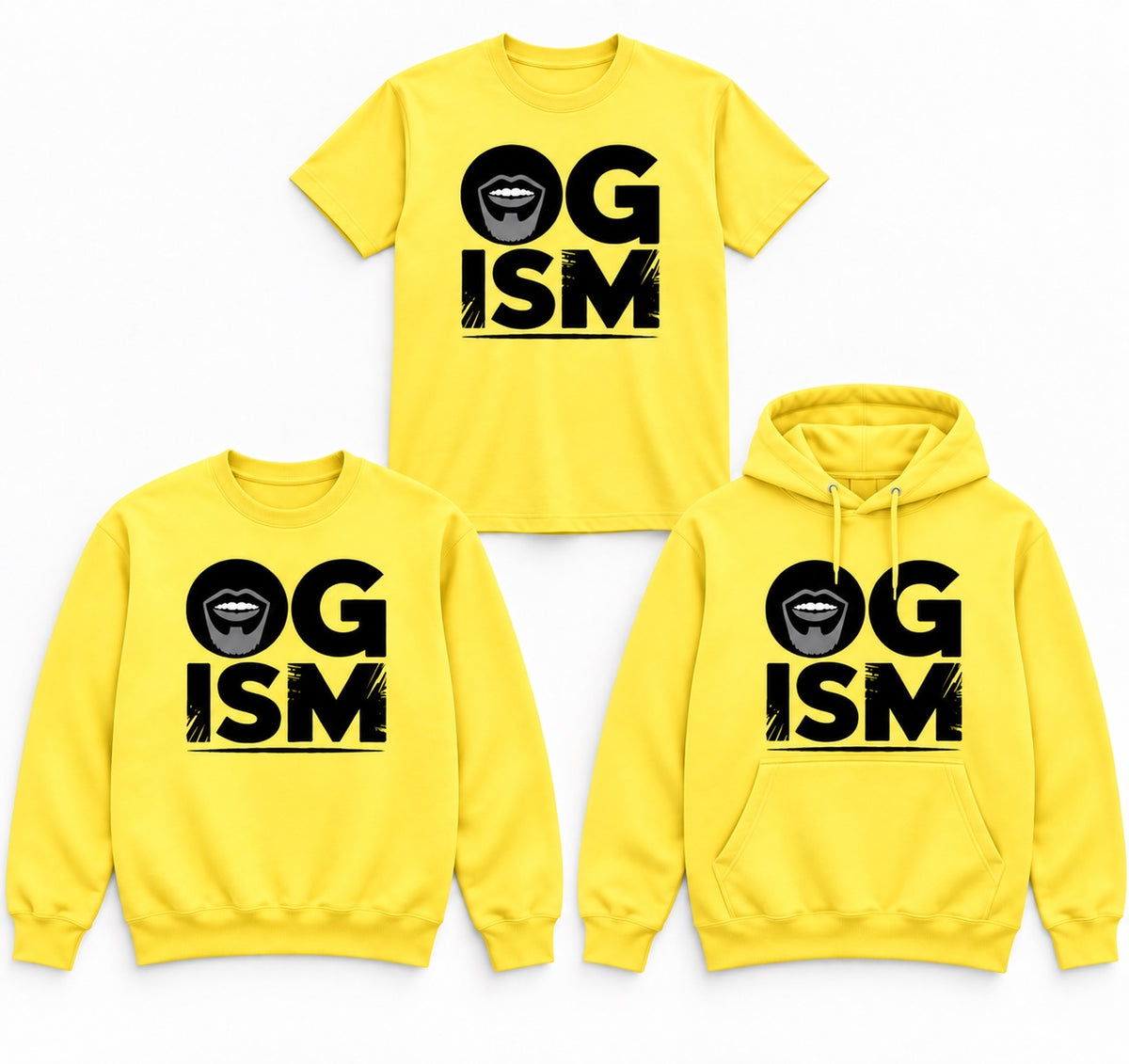 OGism yellow tee crewneck and hoodie mockup