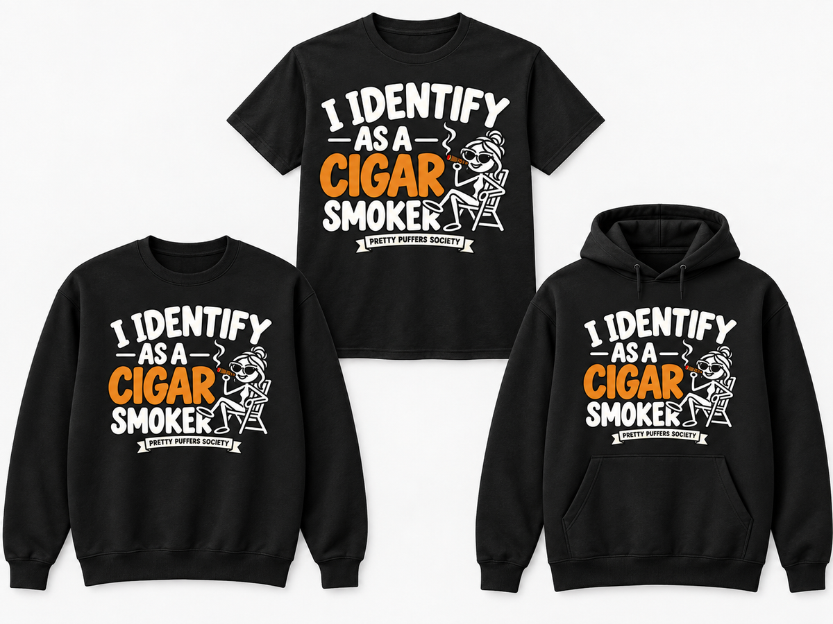 Pretty Puffers Society I Identify as a Cigar Smoker black tee crewneck and hoodie mockup