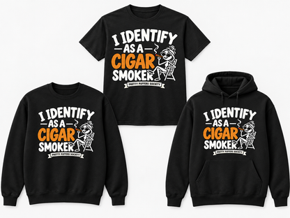 Pretty Puffers Society I Identify as a Cigar Smoker black tee crewneck and hoodie mockup