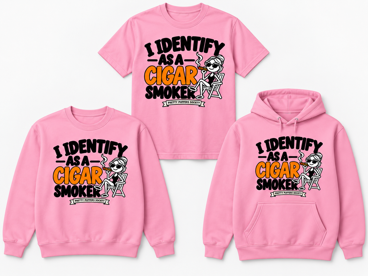 Pretty Puffers Society I Identify as a Cigar Smoker pink tee crewneck and hoodie mockup