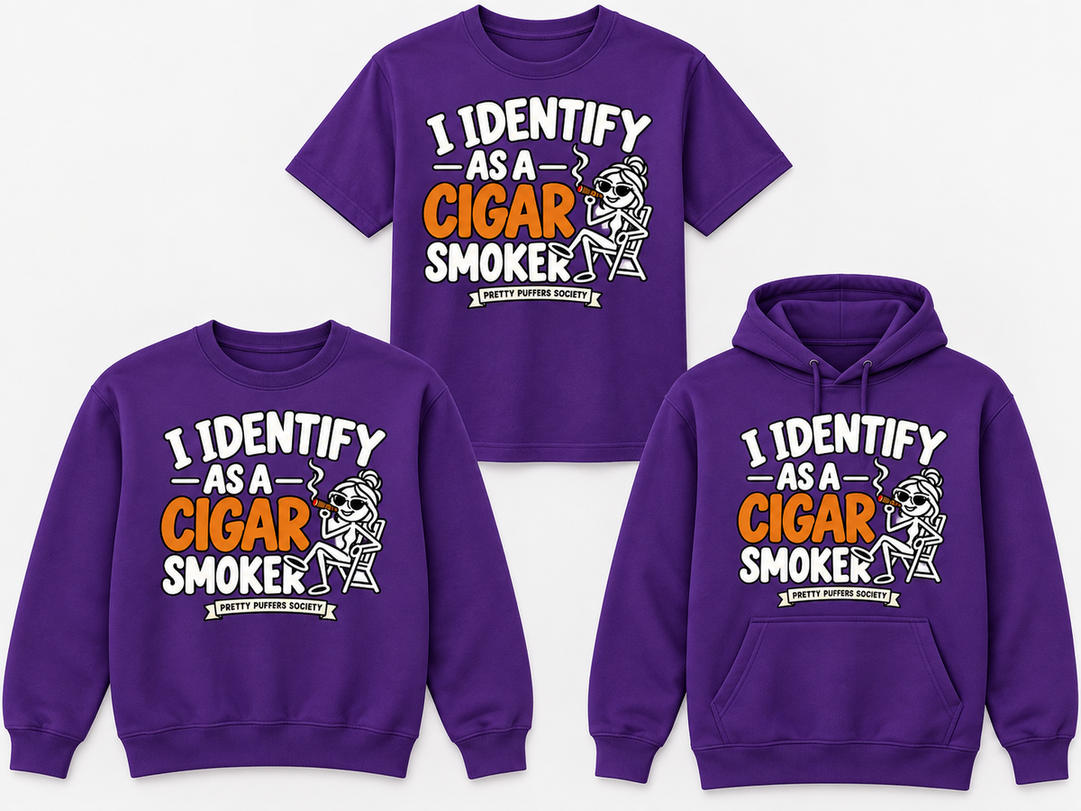 Pretty Puffers Society I Identify as a Cigar Smoker purple tee crewneck and hoodie mockup