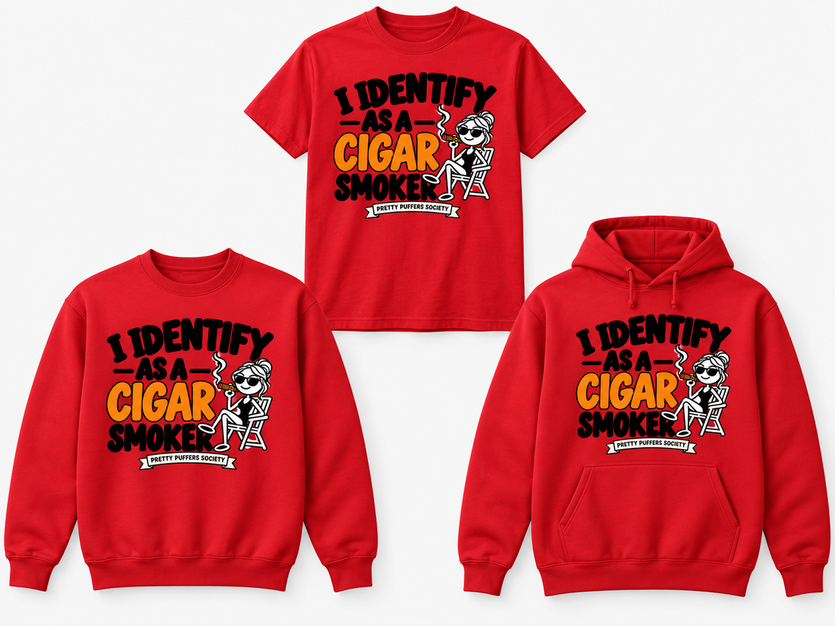 Pretty Puffers Society I Identify as a Cigar Smoker red tee crewneck and hoodie mockup