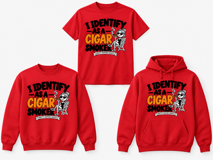 Pretty Puffers Society I Identify as a Cigar Smoker red tee crewneck and hoodie mockup