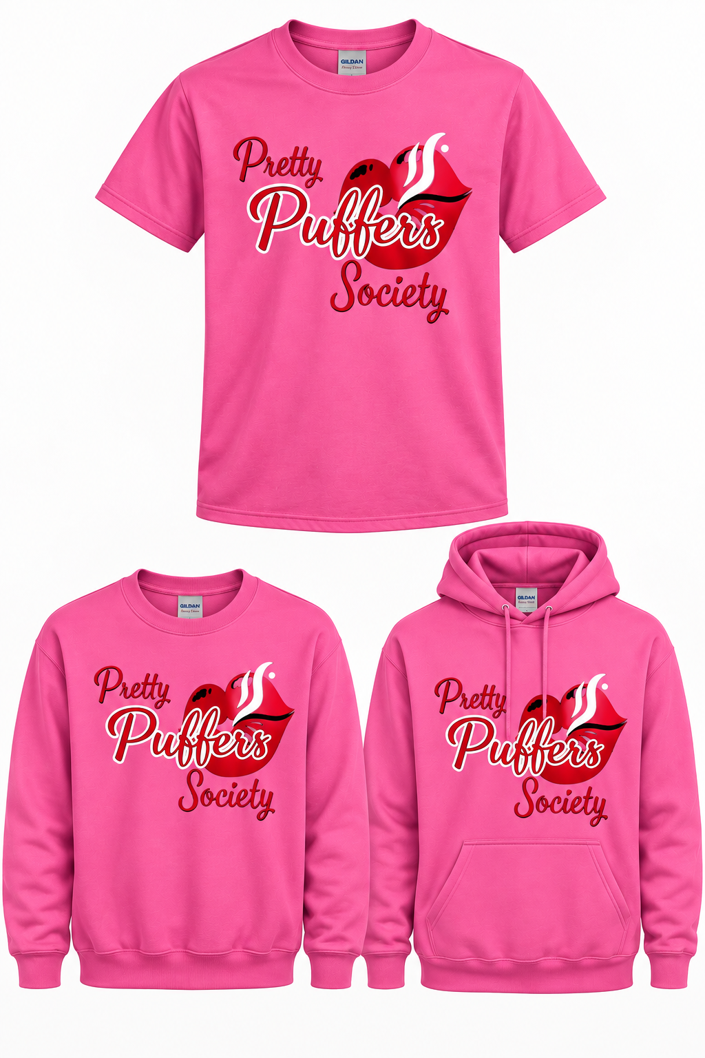 Pretty Puffers Society Classic pink tee crewneck and hoodie mockup