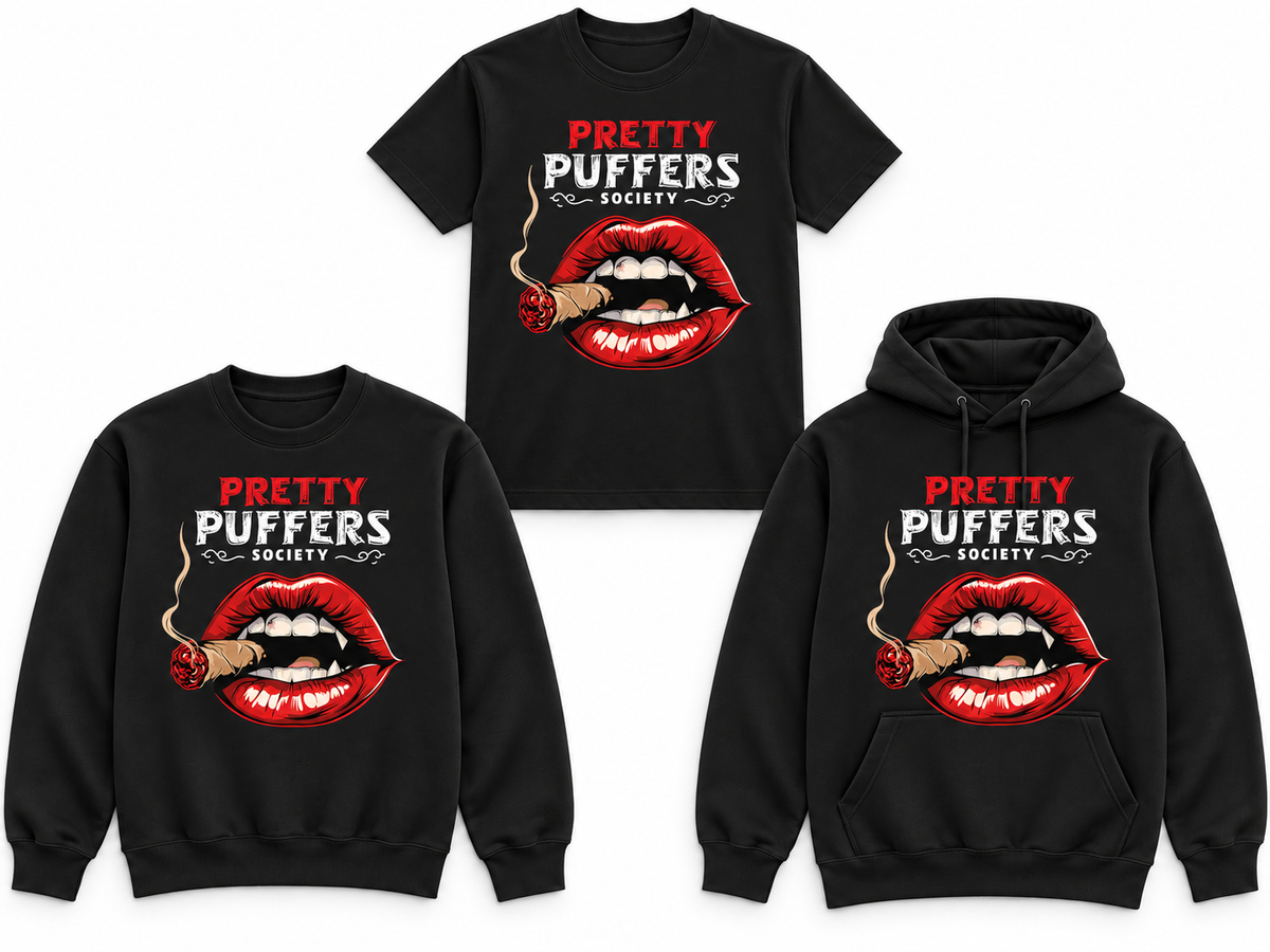 Pretty Puffers Society Fang Puffer black tee crewneck and hoodie mockup