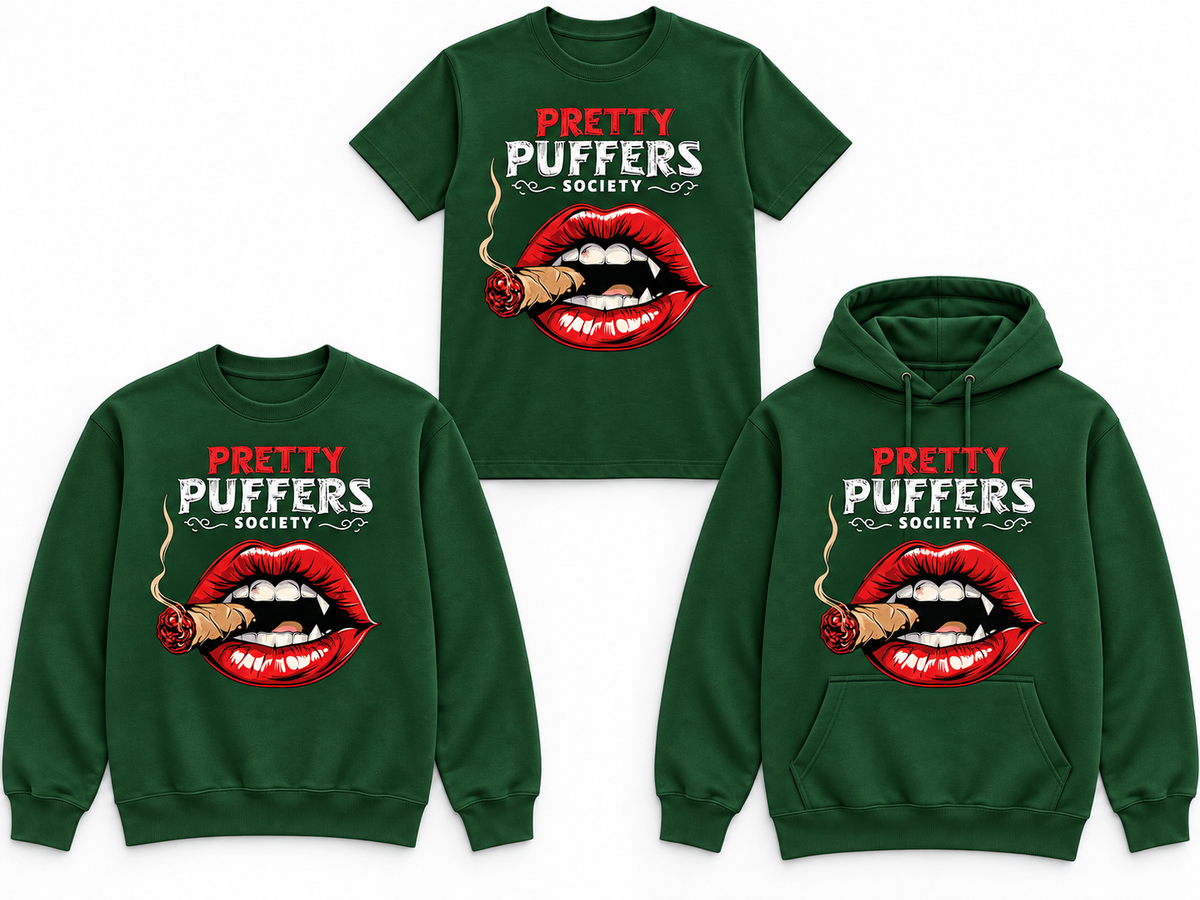 Pretty Puffers Society Fang Puffer forest green tee crewneck and hoodie mockup
