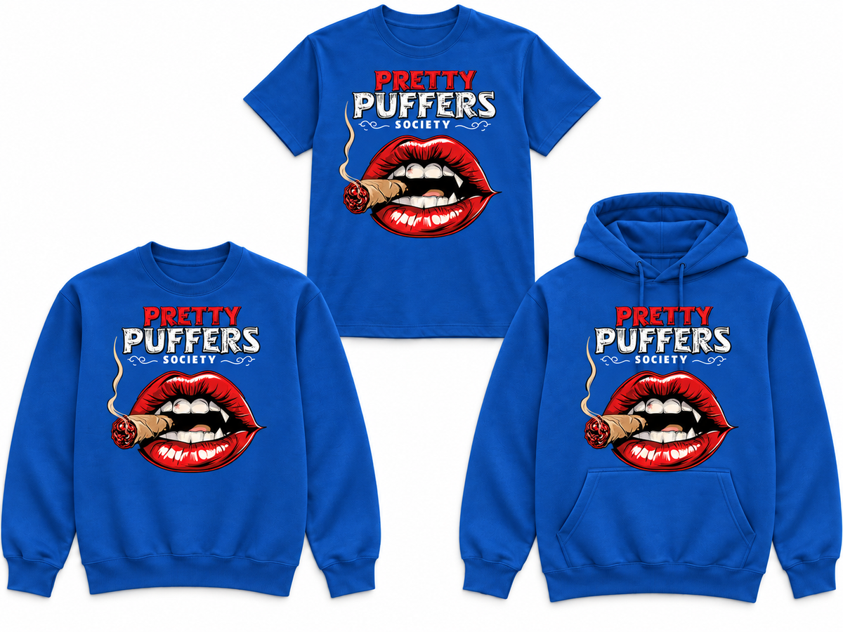 Pretty Puffers Society Fang Puffer royal blue tee crewneck and hoodie mockup