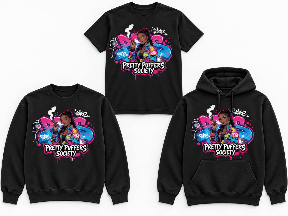 Pretty Puffers Society Graffiti black tee crewneck and hoodie mockup