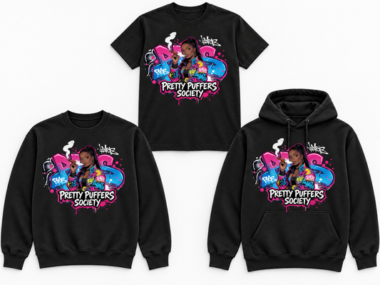 Pretty Puffers Society Graffiti black tee crewneck and hoodie mockup