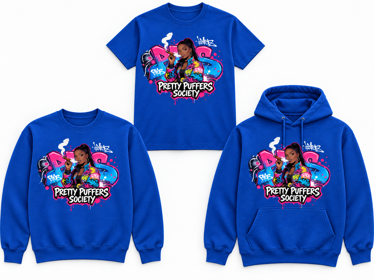 Pretty Puffers Society Graffiti royal blue tee crewneck and hoodie mockup