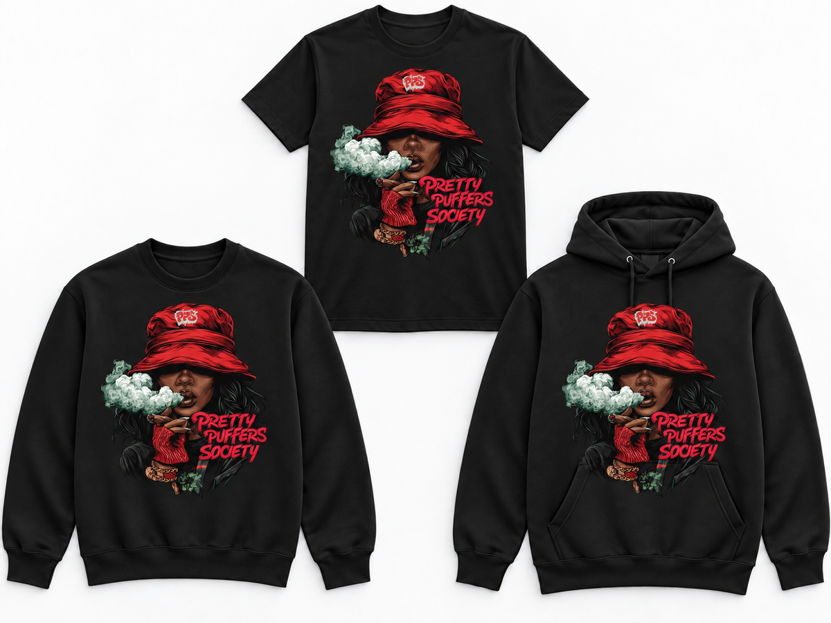 Pretty Puffers Society Red Bucket Crown black tee crewneck and hoodie mockup