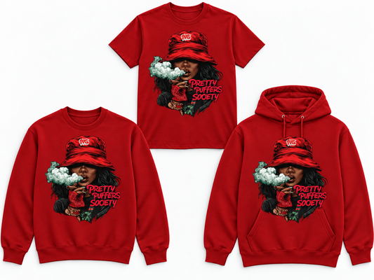 Pretty Puffers Society Red Bucket Crown red tee crewneck and hoodie mockup